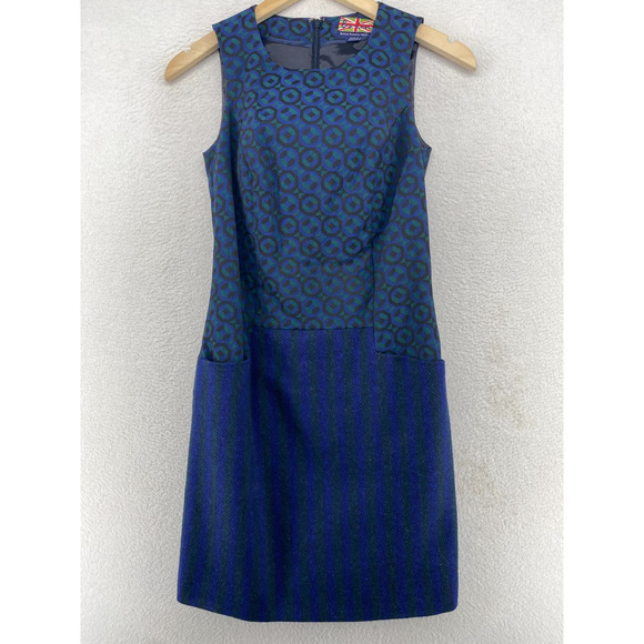 BODEN Dress 2 British Tweed by MOON Sheath Geometric Panel Sleeveless Blue - Picture 1 of 14